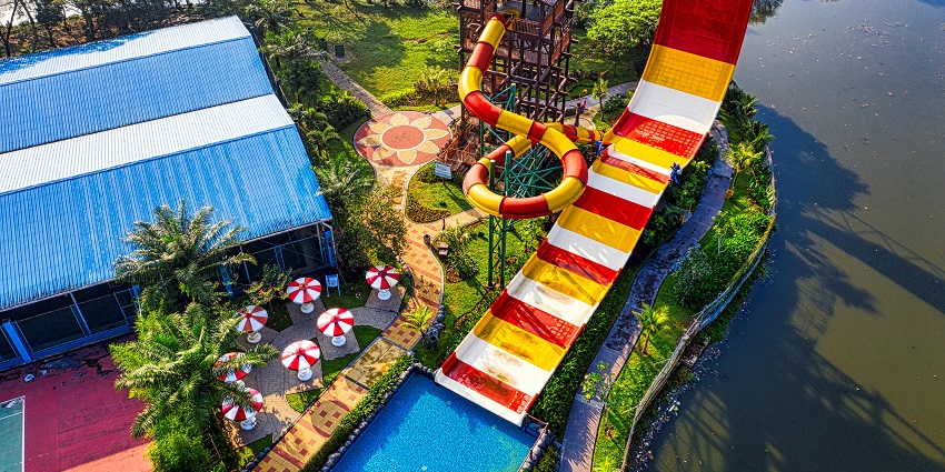 An aerial view of the waterslides at Suswa Water Park where you can enjoy an adventure