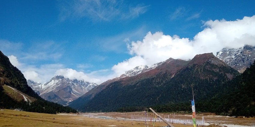 Wide angle view of the rolling meadows with forested hills and snow covered peaks in the background