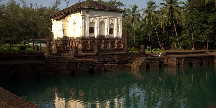 Lakeside view of the mosque, with tall palm trees in the background