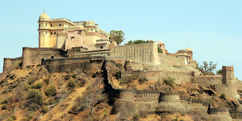 View of Sirohi Fort, up on a hill with clear blue sky in the background