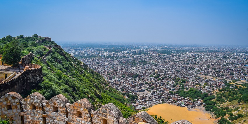 A panoramic view of Jaipur City, a UNESCO World Heritage Centre in Rajasthan.