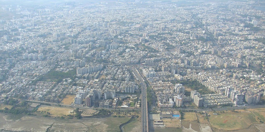 The aerial view of the city of Surat, Gujarat with showcasing top buildings during day time