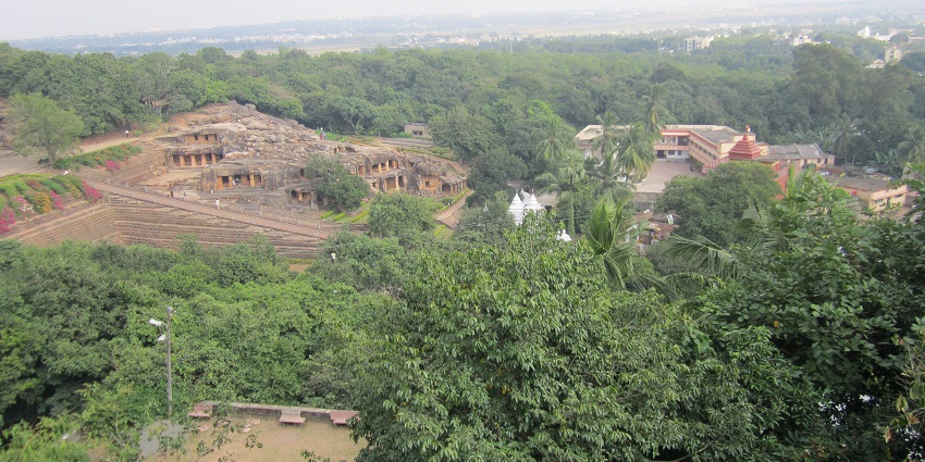 Panoramic view of the caves and lush greenery in rocky hills of Udayagiri in Odisha.