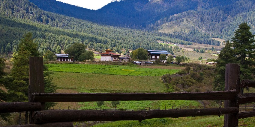 Scenic landscape of a tourist attraction featuring rolling hills and a mist-covered sky.