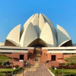 A stunning view of the Lotus Temple, showcasing its unique flower-like architecture.