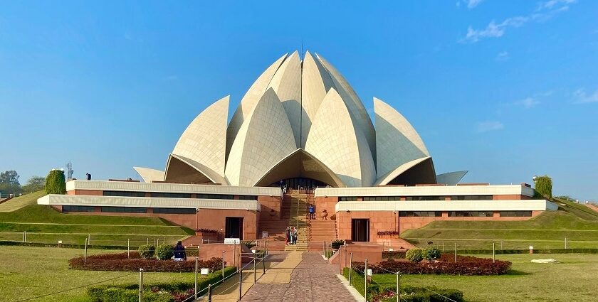 A stunning view of the Lotus Temple, showcasing its unique flower-like architecture.