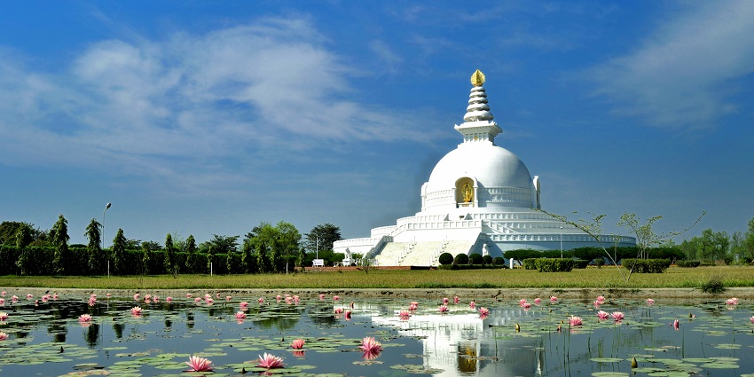A serene view of the Monastery of World Peace in Lumbini, surrounded by lush greenery.