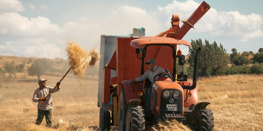 A picture of a farmer separating the harvest from the leftover waste with his tractor