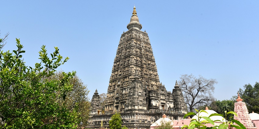 An image of the sacred Mahabodhi Temple which is located in the Bodh Gaya, Bihar.