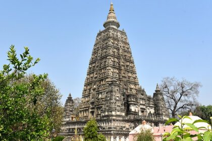 An image of the serene Mahabodhi Temple located in Bodh Gaya in the Indian state of Bihar.