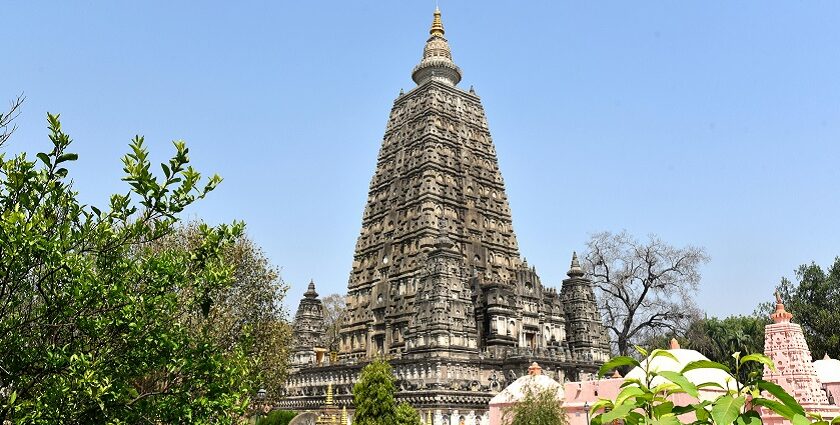 An image of the serene Mahabodhi Temple located in Bodh Gaya in the Indian state of Bihar.