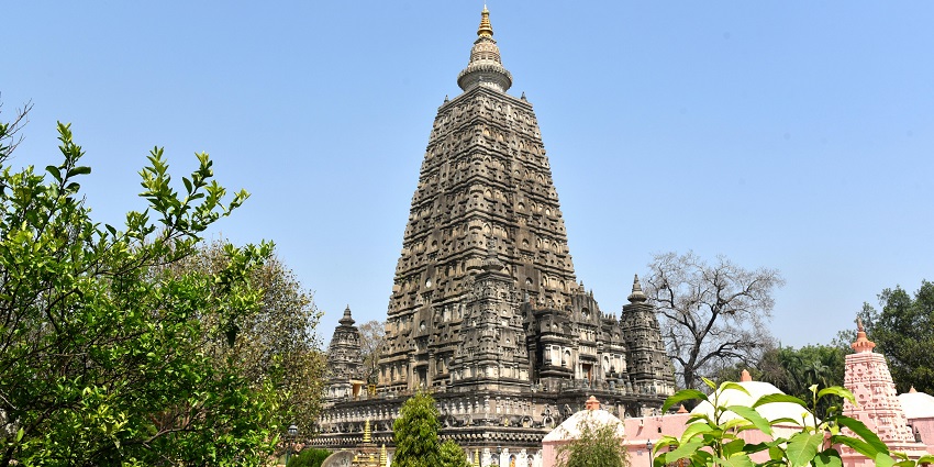 The majestic Mahabodhi Temple in Bodh Gaya, with its towering spire and intricate carvings