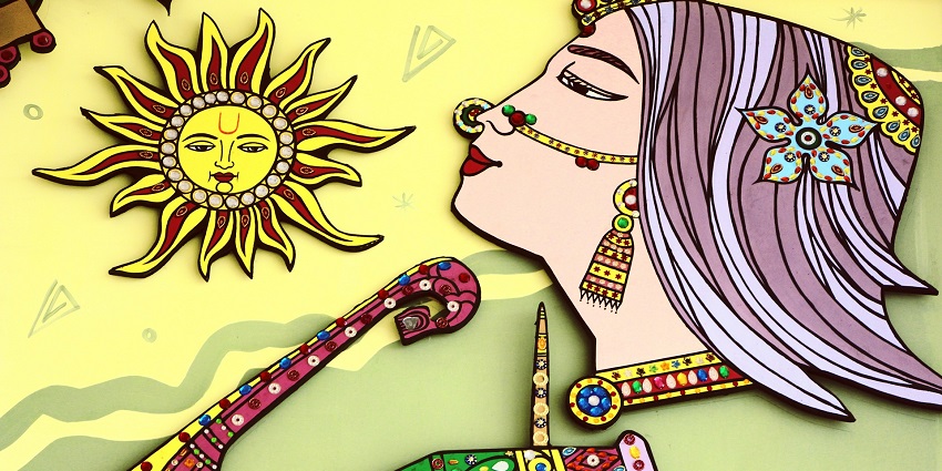 A painting of a traditional woman admiring the sun with musical instruments beside her