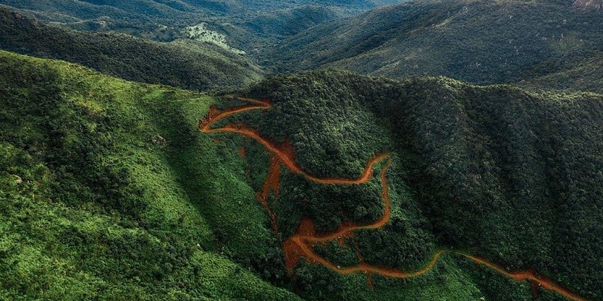 Picturesque view of the lush greenery in the Mahendragiri hills with zig-zag roads