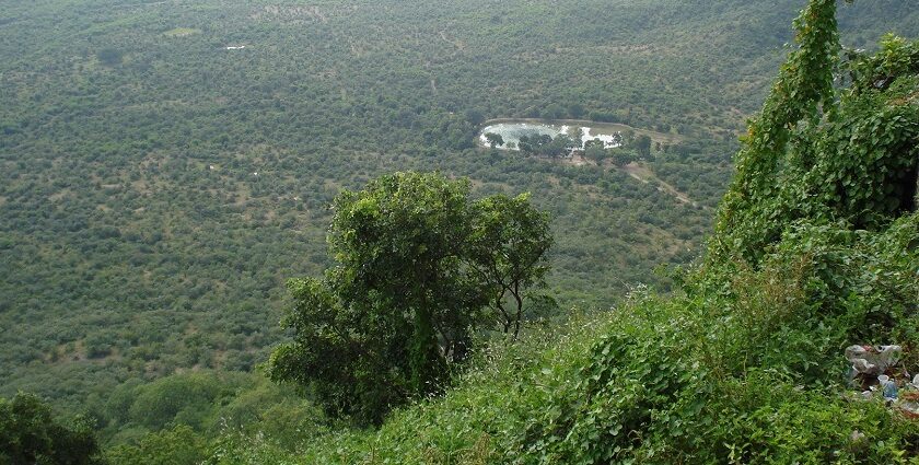 Scenic view from Sharda Temple in Maihar, overlooking the surrounding landscape and hills.