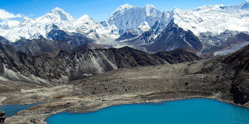 View of Mount Makalu, surrounded by dramatic mountain scenery and high-altitude terrain.