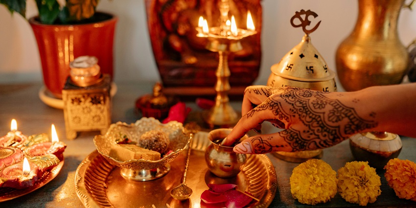 Traditional Ritual Decorations on Table during one of harvest festivals of Himachal Pradesh.