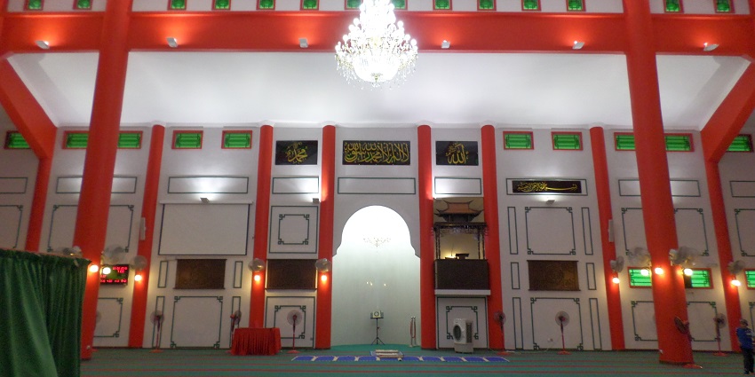 Wide angle view of the halls of the mosque, one of the most unique mosques in Malaysia with its architecture