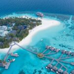 A bird’s eye view of the turquoise-blue waters and golden sands dotted with palm trees