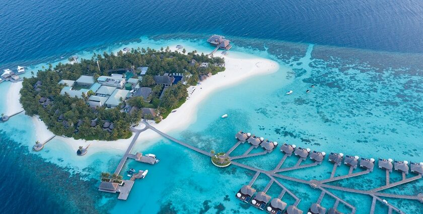 A bird’s eye view of the turquoise-blue waters and golden sands dotted with palm trees