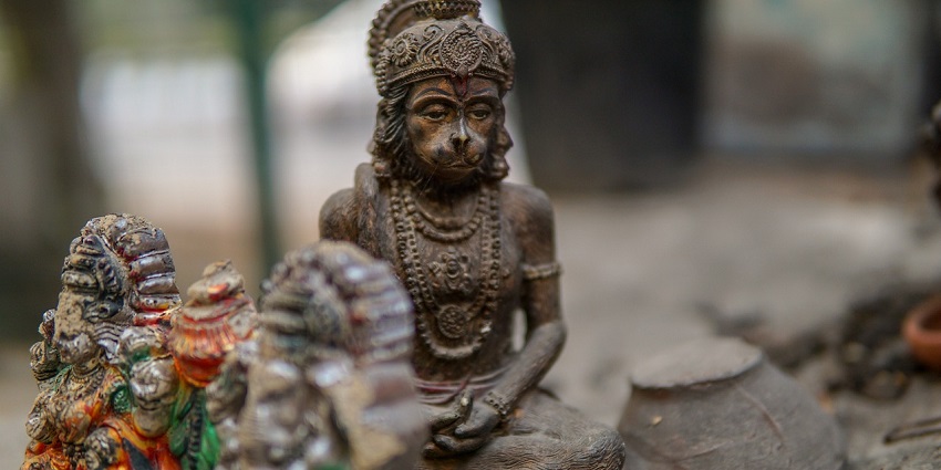 A green statue of lord Hanuman at Malkhed Hanuman Temple, an important temple in Rajasthan.