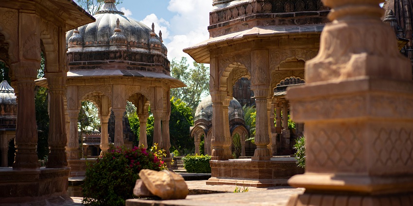 Chhatris (cenotaphs) at Mandore Gardens, a tourist destination near Umaid Bhawan Museum.