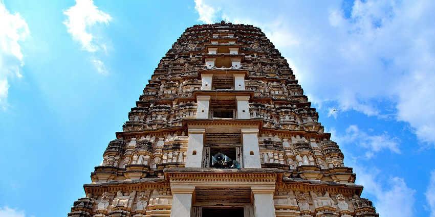 Wide angle view of the intricate carvings on the roof of Mangalagiri temple reflecting the rich heritage