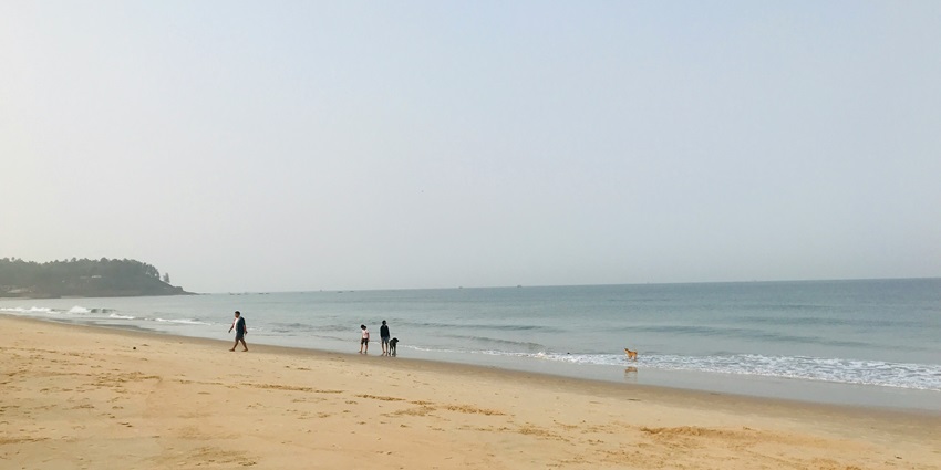 A scenic view of the Manginapudi Beach, a coastal paradise near Mopidevi Temple.