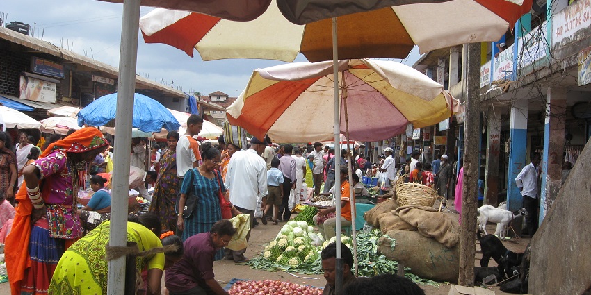 A picture taken at a bustling market in Goa, one of the best places to visit near Baga Beach
