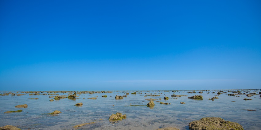 Expansive view of a water body in a marine national park with blue sky at the backdrop