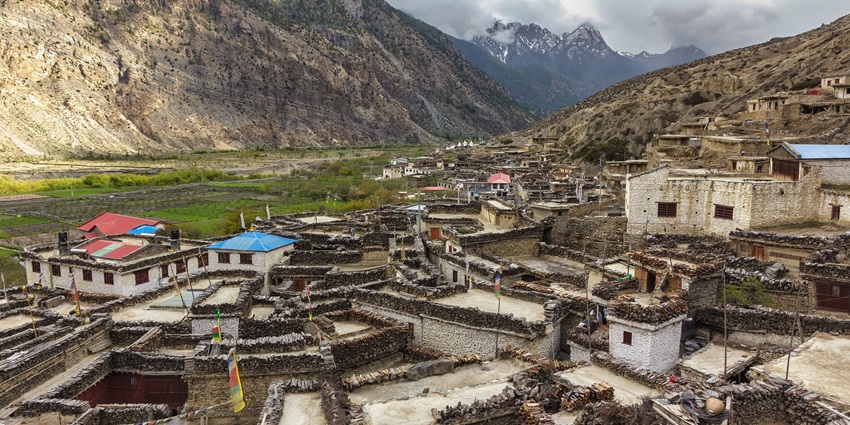 The village of Marpha in Mustang, Nepal, with its whitewashed houses and apple orchards.
