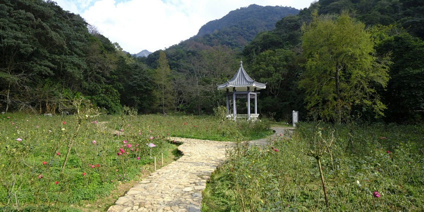 A small white gazebo situated in the center of a lush green grassy field, under a clear blue sky