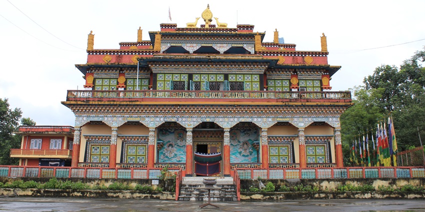 A front view of the Matepani Gumba in Pokhara, adorned with beautiful shades.