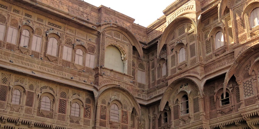 Stunning architecture of Mehrangarh Fort walls, a must-see among Jodhpur tourist places.