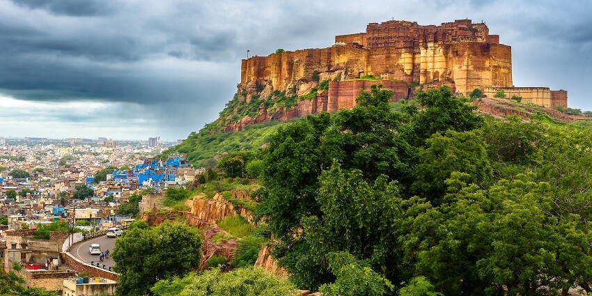 Mehrangarh Fort in Jodhpur, featuring stunning city vistas along with royal antiques.