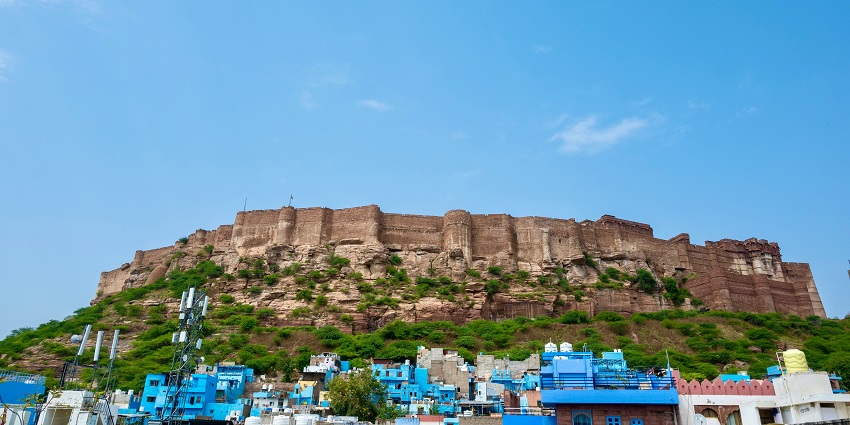 Mehrangarh Fort in Jodhpur, a grand historical site and popular spot for relaxation.