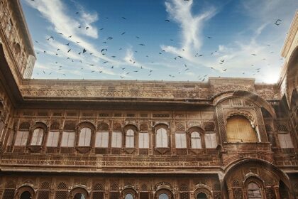 A stunning image of Mehrangarh Fort, a large fortress made of red sandstone near Jodhpur.