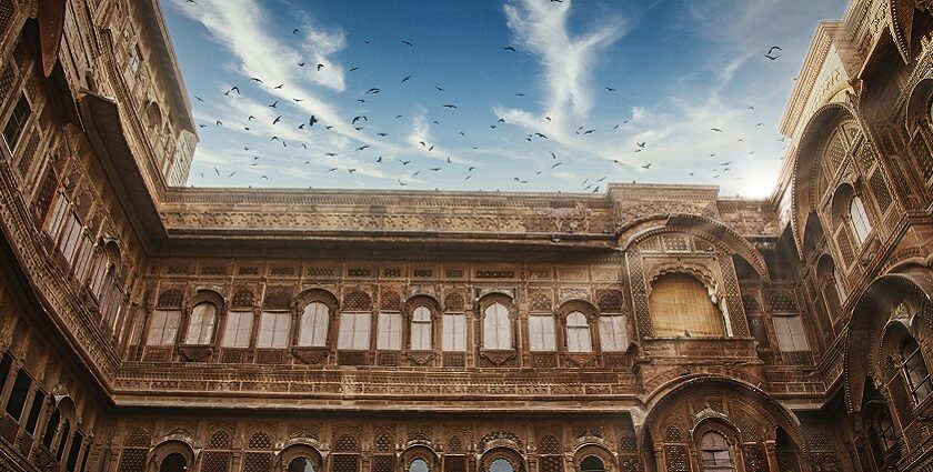 A stunning image of Mehrangarh Fort, a large fortress made of red sandstone near Jodhpur.