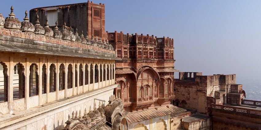 View of Mehrangarh Fort with detailed architecture and panoramic city views in Jodhpur.