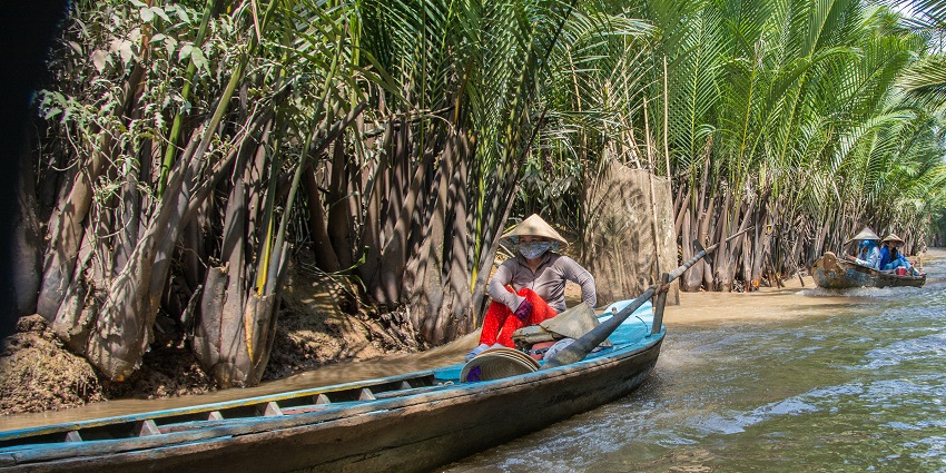 A scenic waterway, the Mekong Delta is perfect for a tranquil experience on a tour trip to Ho Chi Minh City.