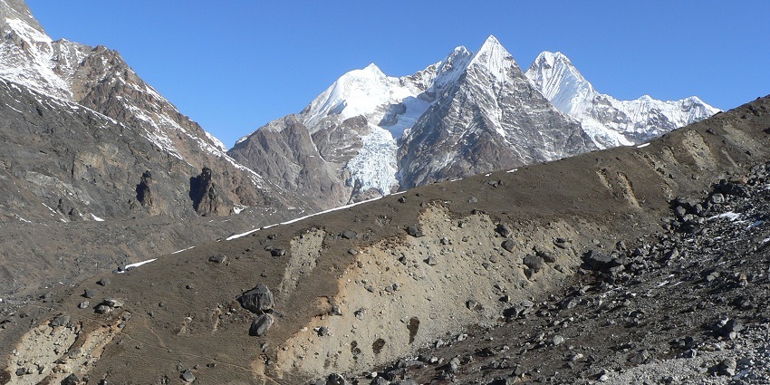 Scenic view of Mera Peak in Nepal, featuring the rugged terrains and majestic mountains.
