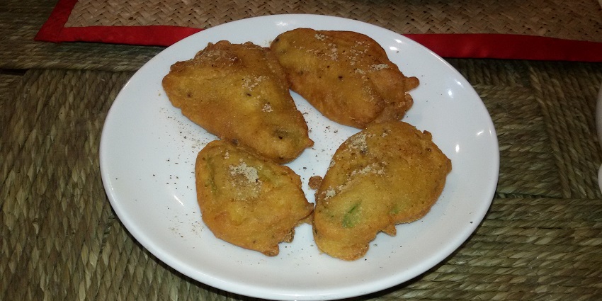 One of the best foods in Rajasthan is Mirchi Vada: Spicy green chilies stuffed with potato.