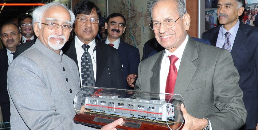 Mohd. Hamid Ansari being presented a model of Metro train by the Chairman of Delhi Metro Rail Corporation.