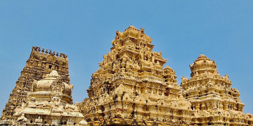 Close up view of the detail carvings on the temple top, an ideal tourist place in Chittoor for devotees