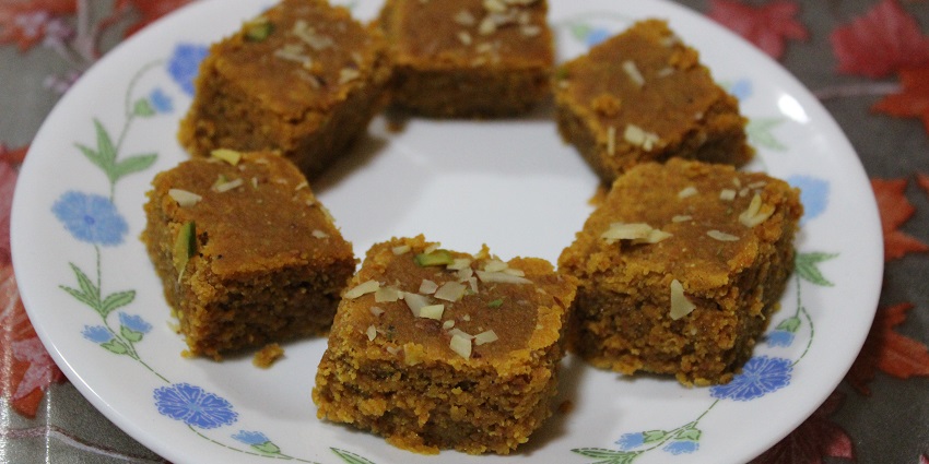 One of the best foods in Rajasthan is Mohan Thal: fudgy dessert with gram flour, and nuts.
