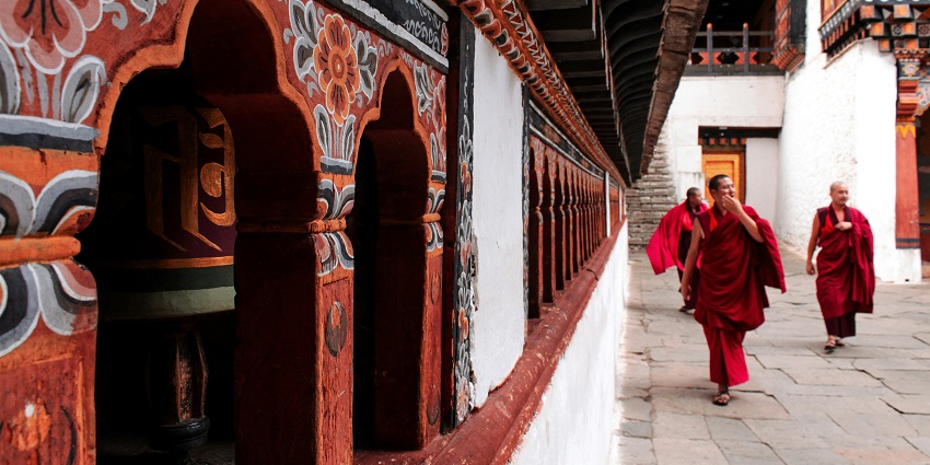 A beautiful view of Gompa in Paro, Bhutan, capturing the rolling drums of the monastery