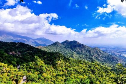 A scenic view of a mountain in Mount Abu, featuring rocky terrain and green vegetation.