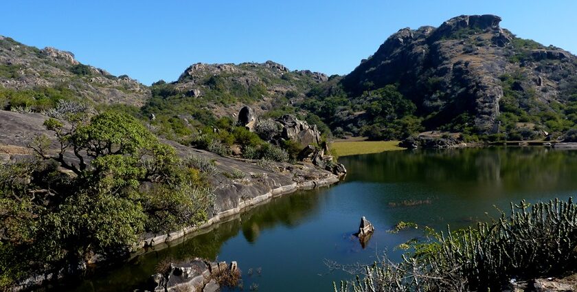 An image showing a Majestic view of a mountain in Mount Abu, featuring rugged rocky terrain.