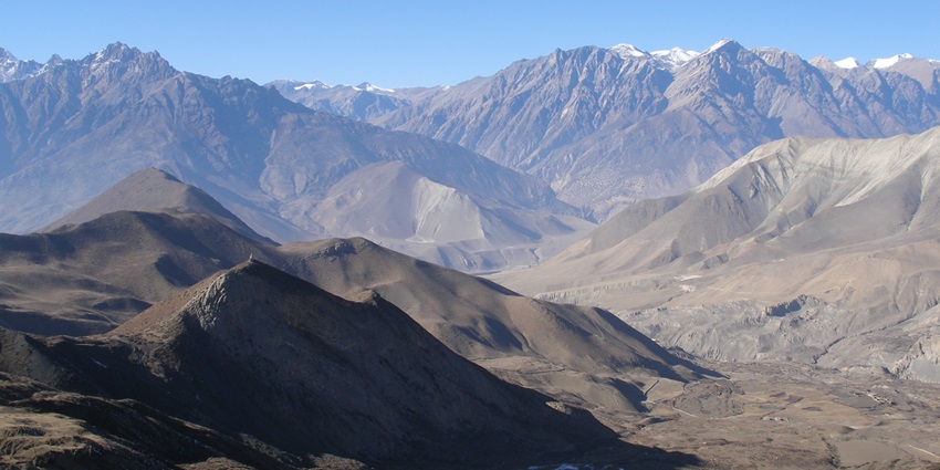 A majestic view of the Muktinath valley located in Nepal amidst the beautiful Himalayan mountains