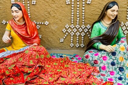 An image of two women sitting on a bed at one of the museums in Patiala, Punjab, India.